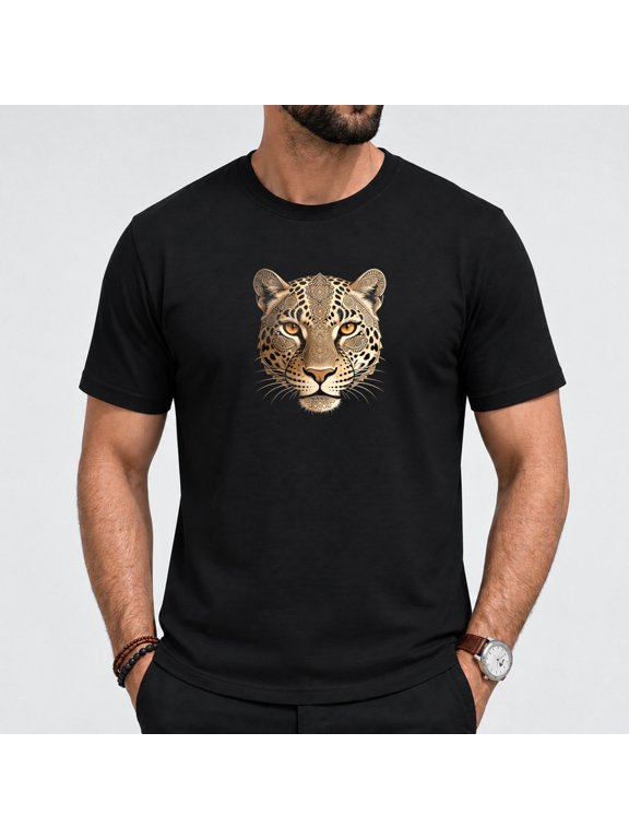 Men's Leopard Face Print T Shirt, Short Sleeved Casual Cotton Black Tees