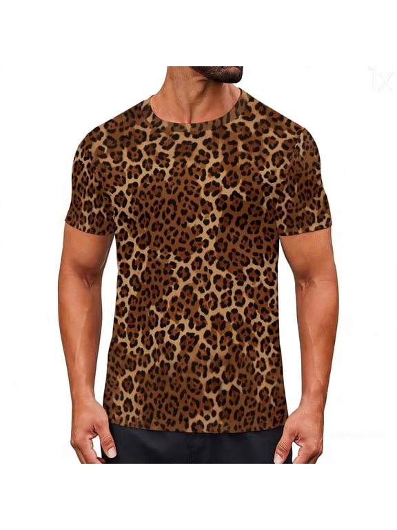 Men's Leopard Pattern T Shirts Crewneck Short Sleeve Stretch Pullover Casual Workout Athletic Undershirts