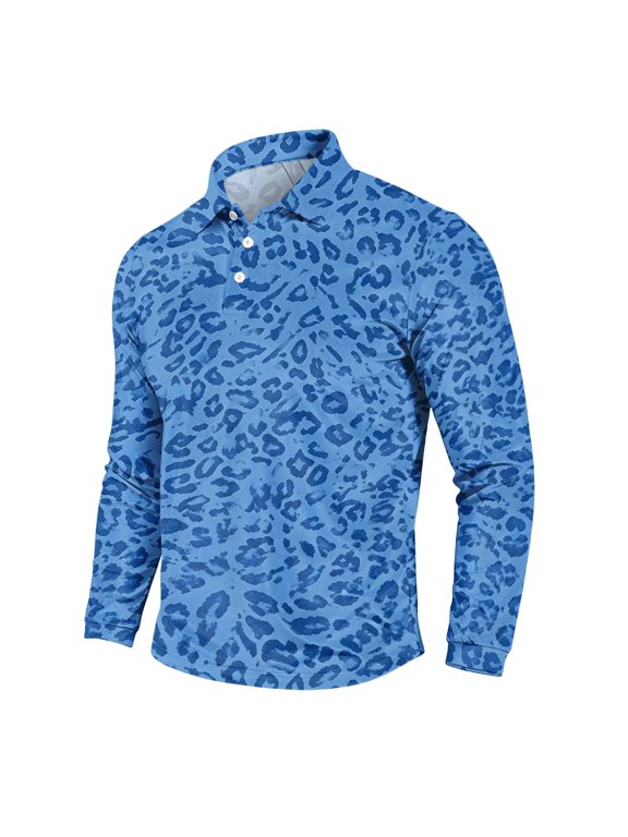 Men's Leopard Print Business Polo Shirt, Long Sleeve Button Down Top, Regular Fit Shoulder Casual Collared Blouse for Working Blue S