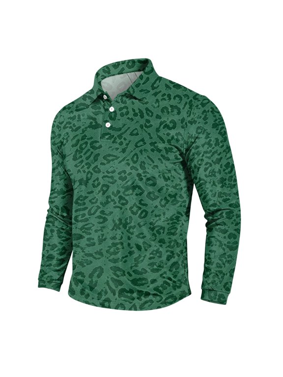 Men's Leopard Print Business Polo Shirt, Long Sleeve Button Down Top, Regular Fit Shoulder Casual Collared Blouse for Working Dark Green L