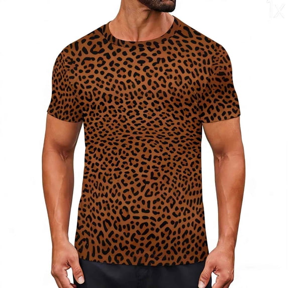 Men's Leopard Print Casual Short Sleeve T-Shirt Lightweight Crewneck Tops Coffee