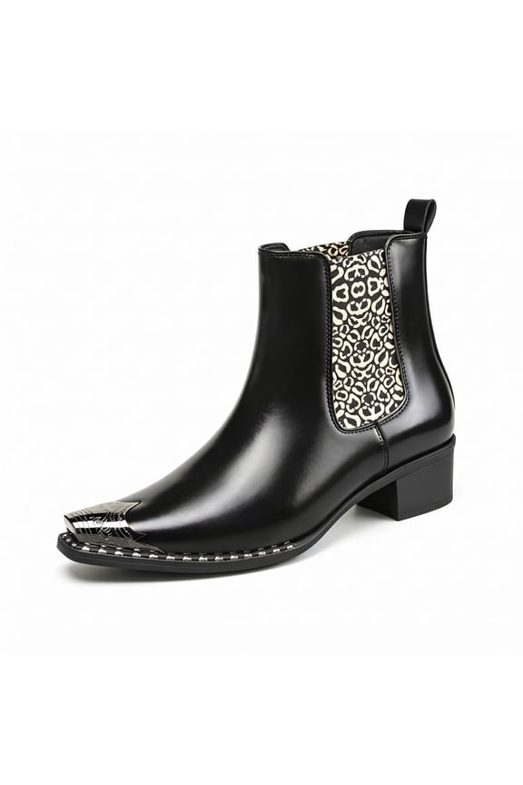 Men’s Leopard Print Chelsea Boots, Pointed Toe Metal Toe Cap Block Heel, Elastic Side Slip-On Fashion Boots Rivet Trim Square Toe Western Ankle Boots