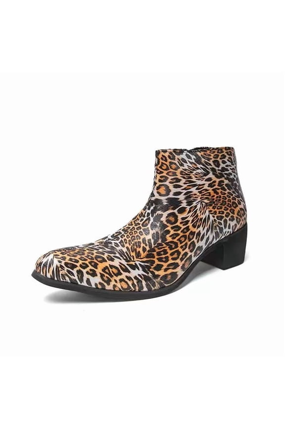 Men's Leopard Print Chelsea Boots with Side Zipper - Pointed Toe Ankle Boots with Block Heel, Fashion Dress Boots for Business Cowboy boots