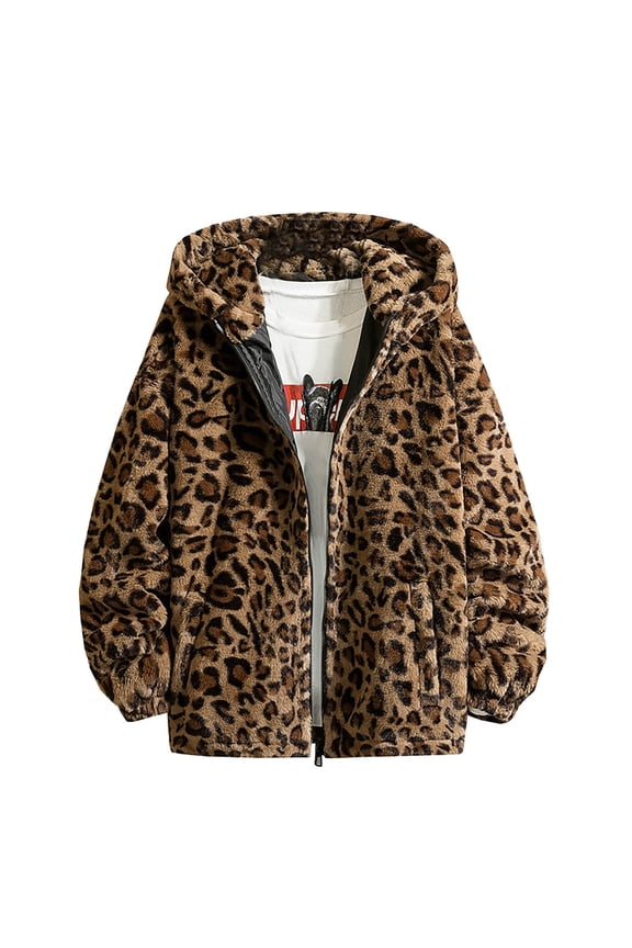 Men's Leopard Print Coat Fashion Casual Long Sleeve Hooded Zipper Pocket Warm Coat Yellow,L