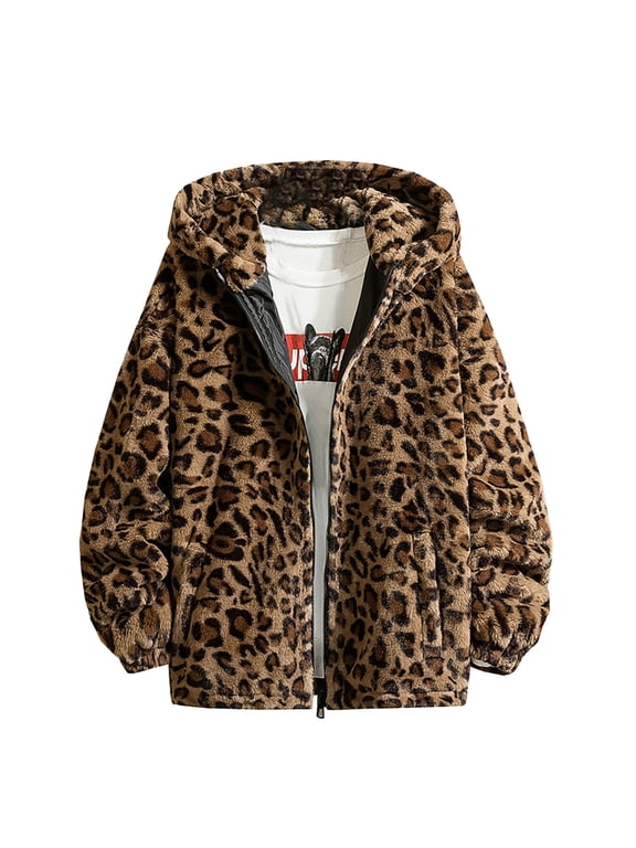 Men's Leopard Print Coat Fashion Casual Long Sleeve Hooded Zipper Pocket Warm Coat Yellow,XXXL