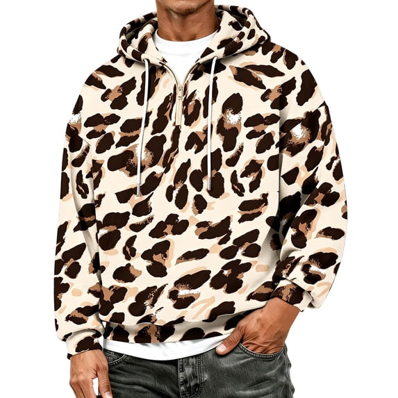 Men's Leopard Print Half Zip Hooded Sweatshirt Pullover Casual Comfortable Streetwear Top for Outdoor Beige1 XL