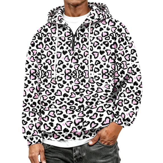 Men's Leopard Print Half Zip Hooded Sweatshirt Pullover Casual Comfortable Streetwear Top for Outdoor White3 L