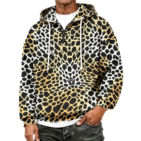 Men's Leopard Print Half Zip Hooded Sweatshirt Pullover Casual Comfortable Streetwear Top for Outdoor Yellow1 XXXL