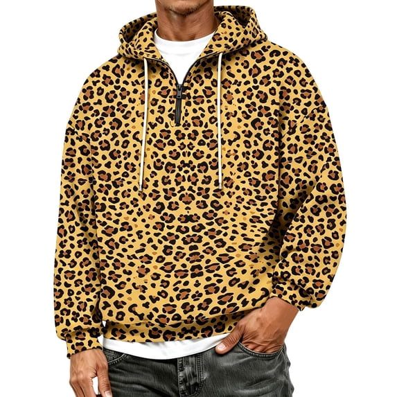 Men's Leopard Print Half Zip Hooded Sweatshirt Pullover Casual Comfortable Streetwear Top for Outdoor Yellow2 XXXXXL