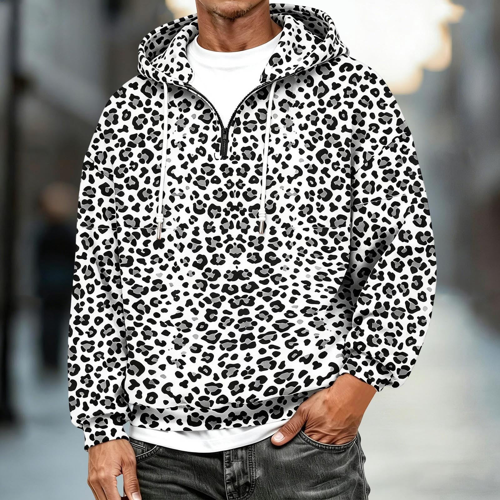 Men's Leopard Print Half Zip Hoodie Sweatshirt for Everyday Casual Wear ...