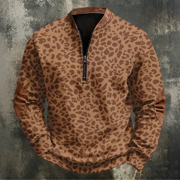 Men's Leopard Print Half Zip Sweatshirt, Trendy Retro Long Sleeve Stand Collar Pullover, Fall Comfy Loose Fit Casual Top Coffee 2XL