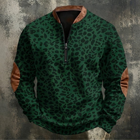 Men's Leopard Print Half Zip Sweatshirt, Trendy Retro Long Sleeve Stand Collar Pullover, Fall Comfy Loose Fit Casual Top Dark Green XL