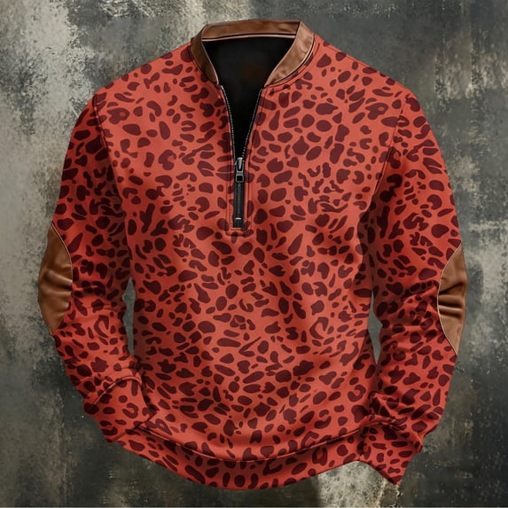 Men's Leopard Print Half Zip Sweatshirt, Trendy Retro Long Sleeve Stand Collar Pullover, Fall Comfy Loose Fit Casual Top Red 2XL