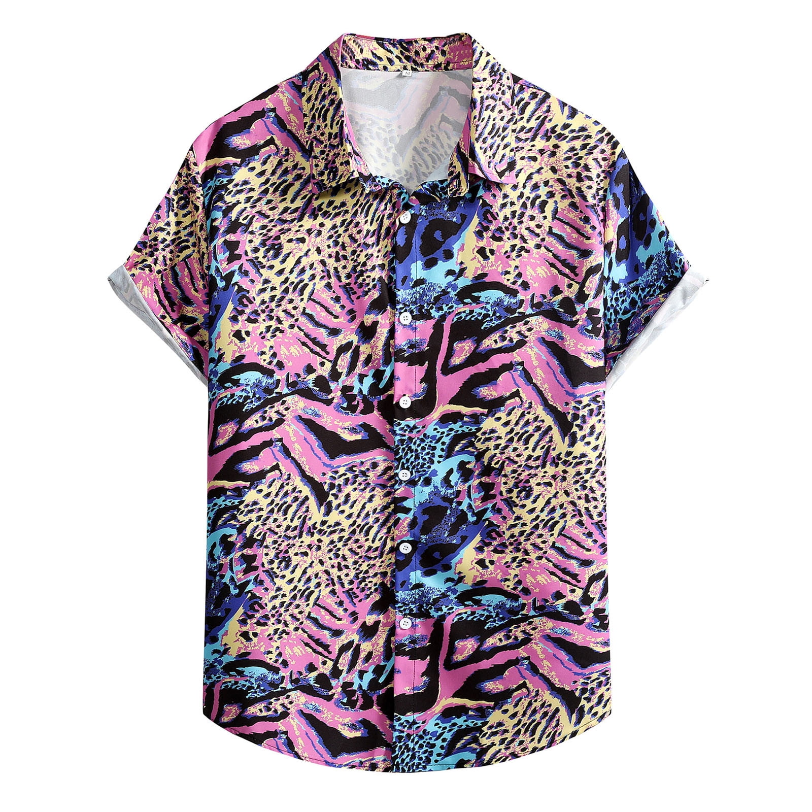 Men's Leopard Print Hawaiian Shirts Short Sleeve Pocket Shirts Lapel Button  Up T Shirt Wrinkle Free Aloha Tshirt Loose Fit Tropical Beach Tshirt
