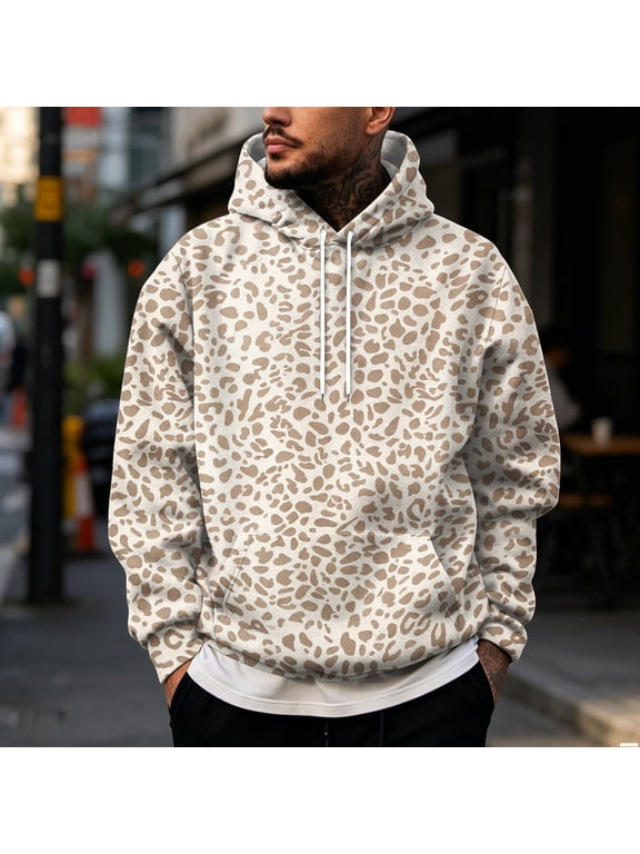 Men's Leopard Print Hoodie, Trendy Long Sleeve Drawstring Hooded Sweatshirt , Loose Fit Streetwear Pullover with Pocket Beige 2XL