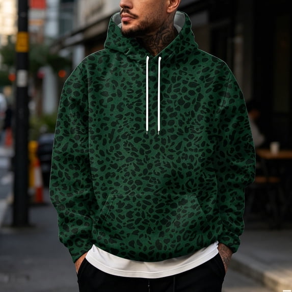 Men's Leopard Print Hoodie, Trendy Long Sleeve Drawstring Hooded Sweatshirt , Loose Fit Streetwear Pullover with Pocket Dark Green L