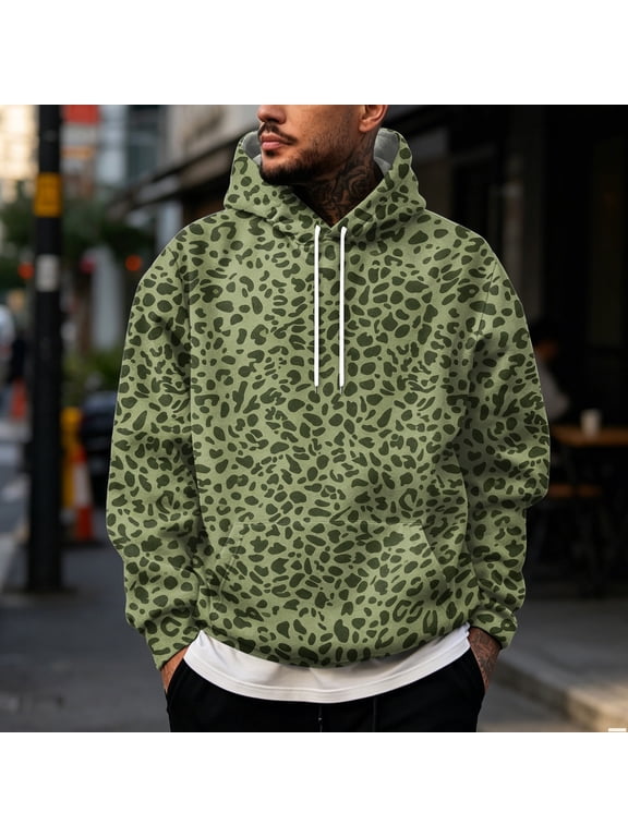Men's Leopard Print Hoodie, Trendy Long Sleeve Drawstring Hooded Sweatshirt , Loose Fit Streetwear Pullover with Pocket Green M
