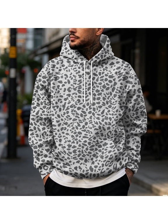 Men's Leopard Print Hoodie, Trendy Long Sleeve Drawstring Hooded Sweatshirt , Loose Fit Streetwear Pullover with Pocket Light Gray XL