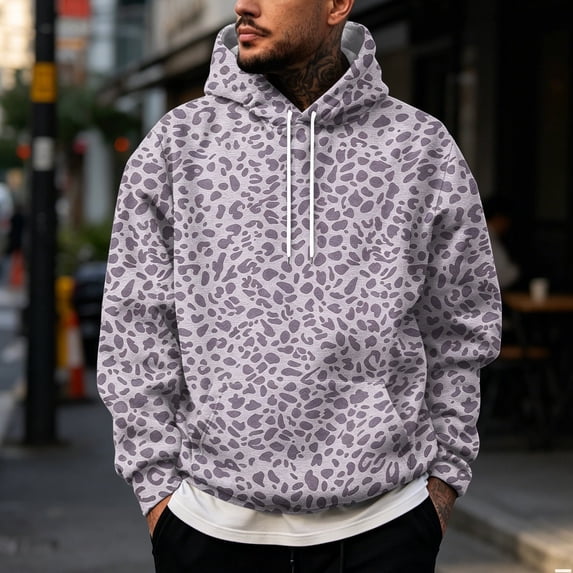 Men's Leopard Print Hoodie, Trendy Long Sleeve Drawstring Hooded Sweatshirt , Loose Fit Streetwear Pullover with Pocket Purple XL