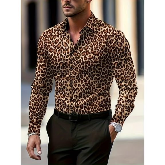 Men's Leopard Print Shirts Casual Button Down Long Sleeve Blouse for Men Fall Winter Carnival Party Shirt Brown M