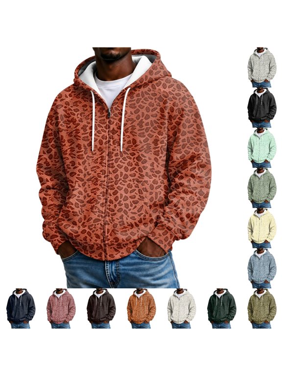 Men's Leopard Print Zip Up Hoodie Casual Full Zip Sweatshirt with Pockets for Everyday Wear 5XL