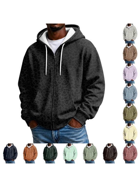 Men's Leopard Print Zip Up Hoodie Casual Full Zip Sweatshirt with Pockets for Everyday Wear XXL