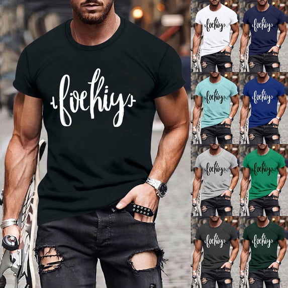 Men's Letter Graphic T-Shirts Stretchy Short Sleeve Crewneck Fitted Shirts Summer Soft Breathable Workout Tee Tops