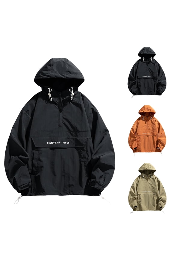 Men's Letter Print Quarter-Zip Hooded Jacket, Casual Regular Fit Long Sleeve Lightweight Outerwear for Spring & Fall, Daily Fashion Top,Saffron,M