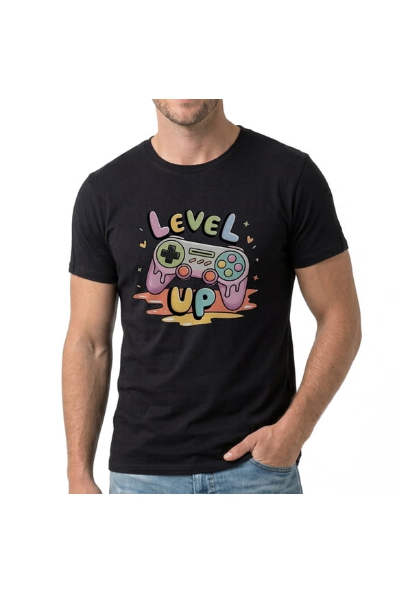 Men's Level Up Game Controller Design Graphic T-Shirt, Premium Cotton Short Sleeve Crew Neck Tee