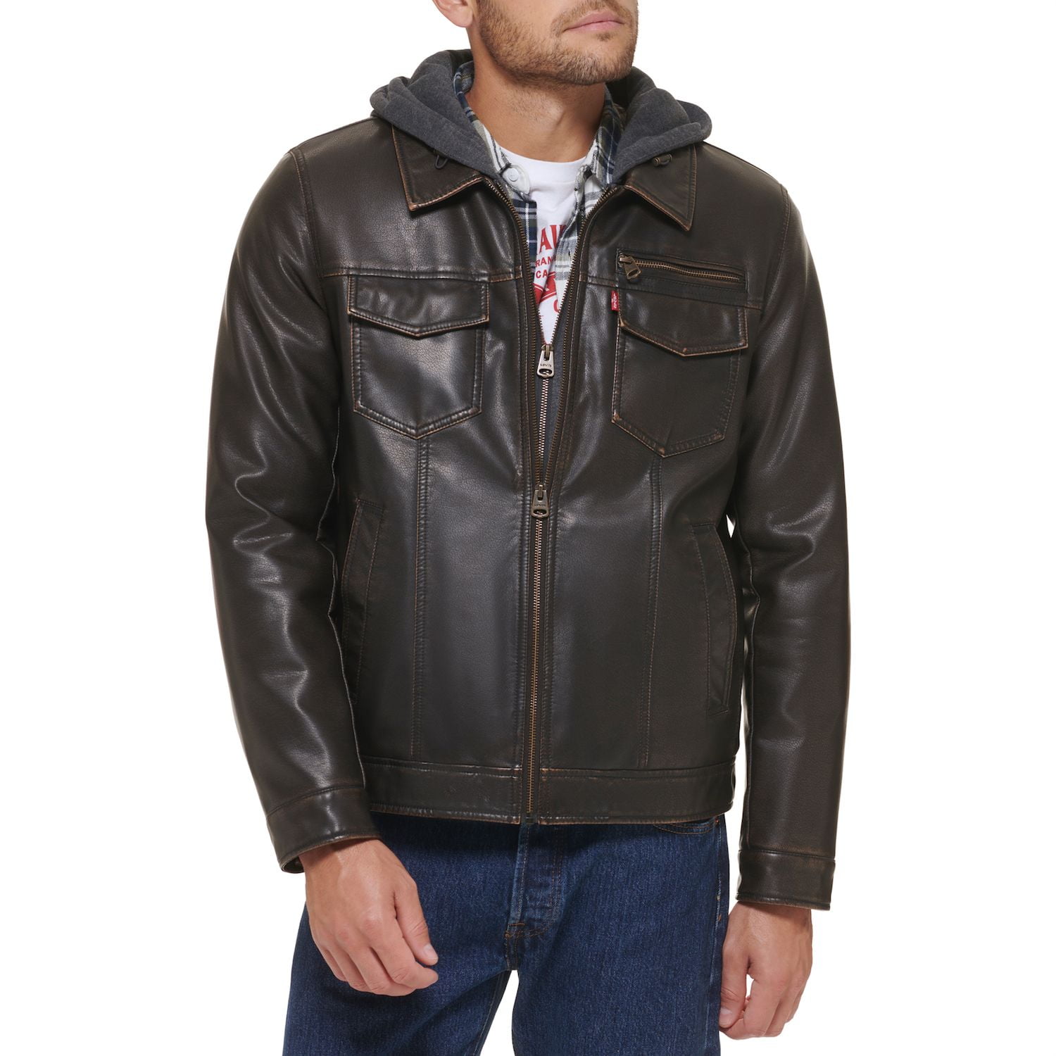 Men s Levi s Faux Leather Hooded Trucker Jacket Color Black Size XXL Walmart