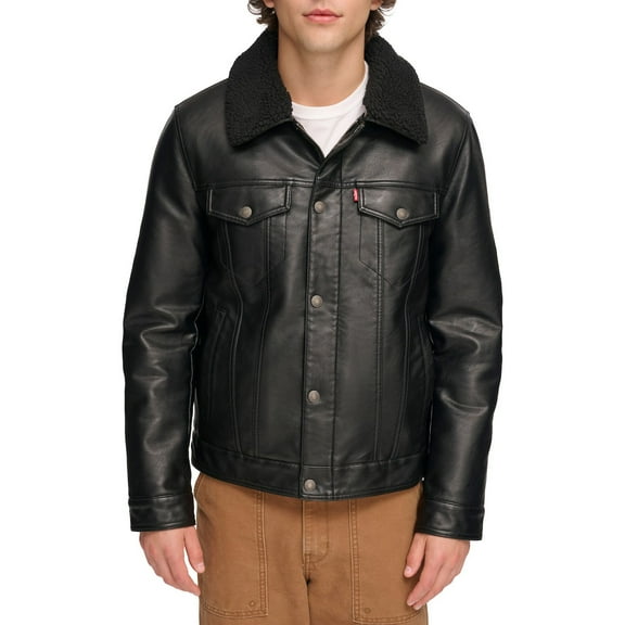 Men's Levi's® Faux Leather Sherpa Collar Trucker Jacket Color: Black Size: L