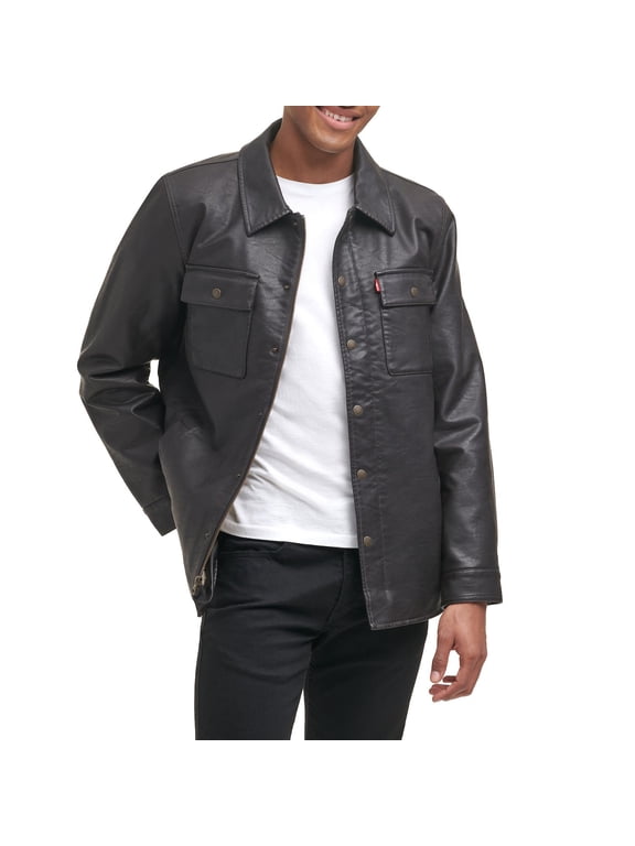 Men's Levi's® Faux Leather Sherpa Lined Button Trucker Jacket Color: Brown Size: XXL