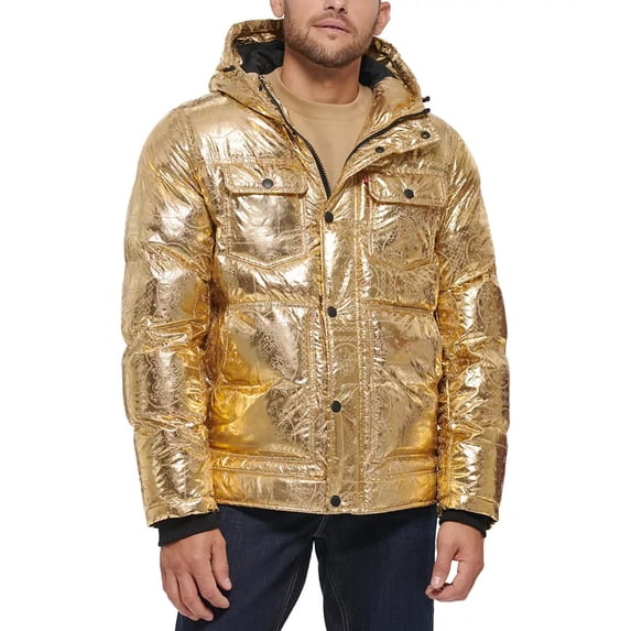 Levis Mens Quilted Hood Gold Bandana Puffer Jacket Coat Small