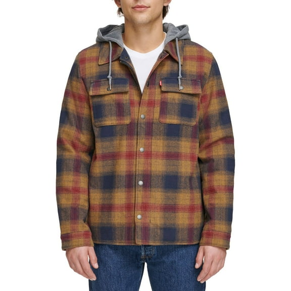 Men's Levi's® Plaid Fleece Hooded Shirt Jacket Color: Red Gold Plaid Size: XXL