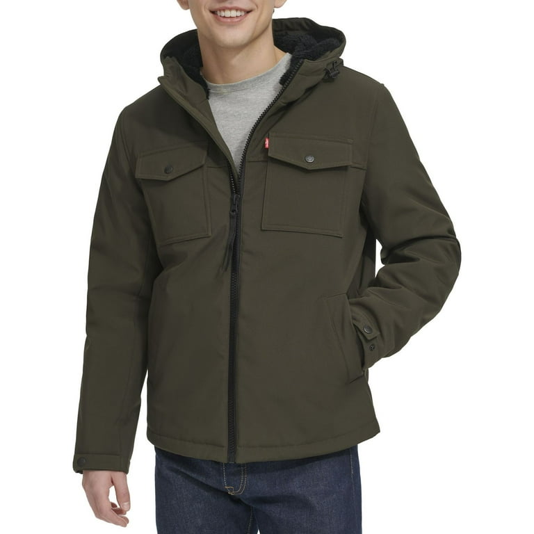Men s Levi s Soft Shell Sherpa Lined Hooded Storm Coat Color Olive Size L Walmart