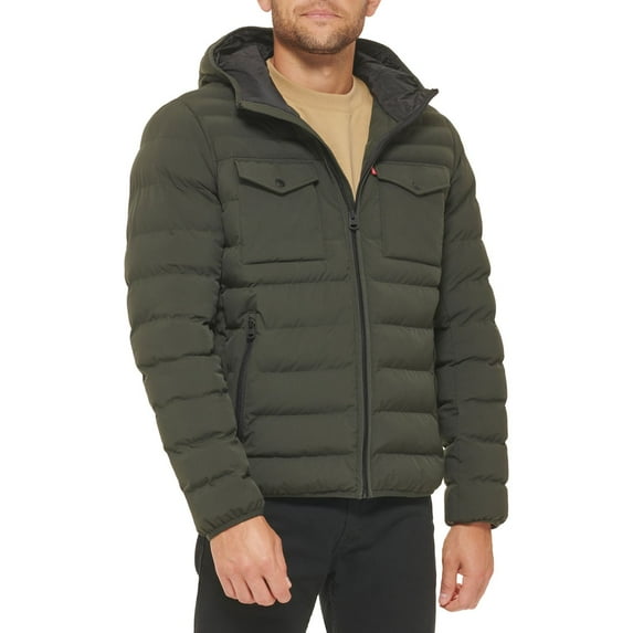 Men's Levi's® Stretch Two Pocket Quilted Hooded Jacket Color: Olive Size: L