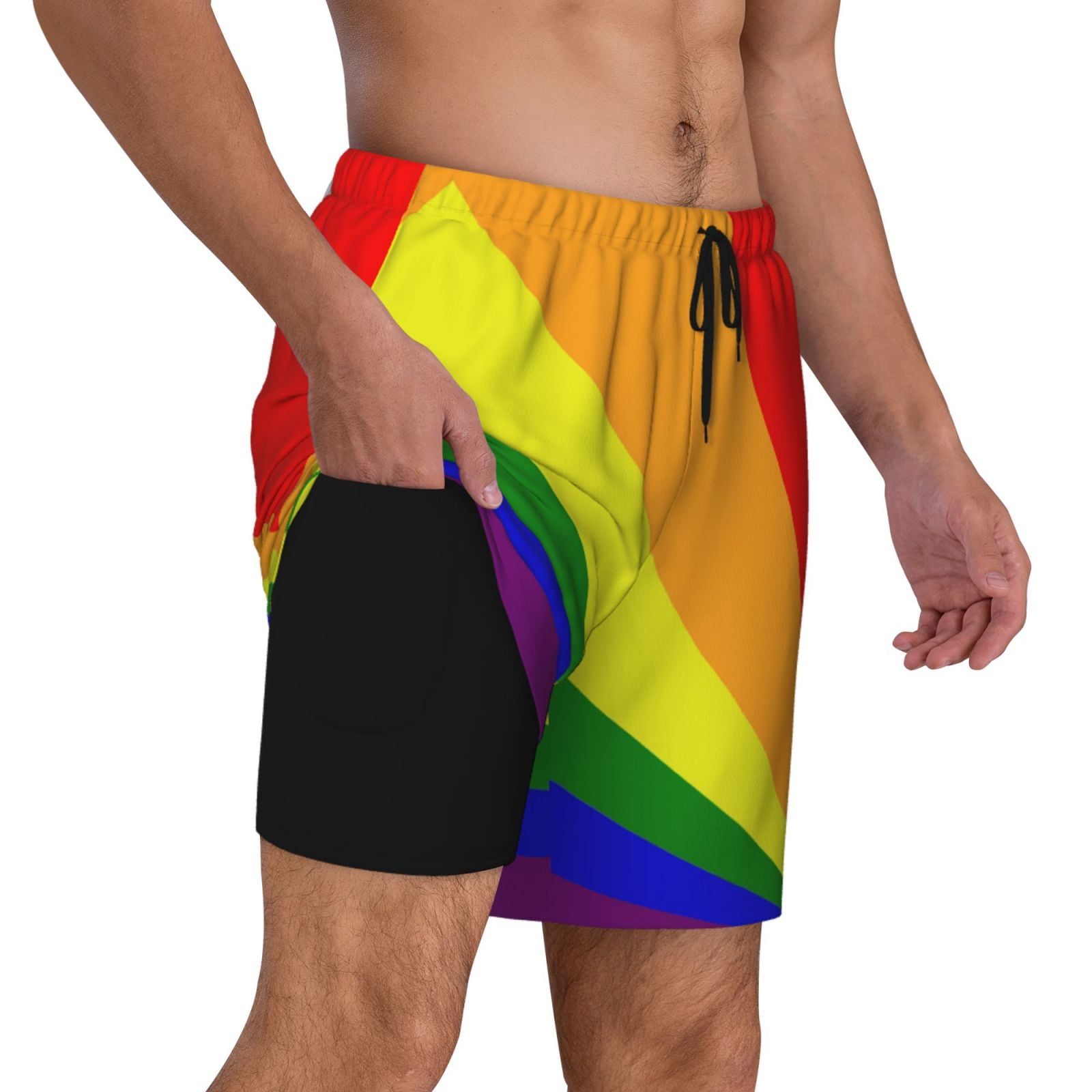 Men's Lgbt Pride Rainbow Flag Swim Trunks with Compression Liner Bathing Suit Swimwear