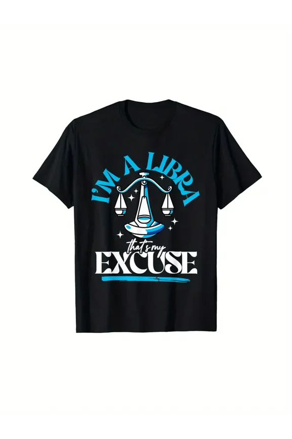 Men's Libra Zodiac Graphic T-Shirt - "I'm a Libra" Print with Scales & Stars Design, Casual Round Neck, Short Sleeve, Machine Washable, All-Season Wear