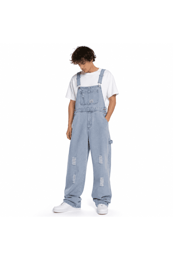 Men's Light Blue Denim Bib Overalls, Distressed Ripped Loose Fit Streetwear Overalls, Adjustable Straps, Standard Sizes 30-40 & Plus Sizes 1XL-6XL for Big & Tall Men
