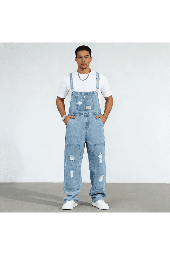 Men's Light Blue Denim Bib Overalls, Distressed Ripped Loose Fit Streetwear Overalls, Adjustable Straps, Standard Sizes 30-40 & Plus Sizes 1XL-6XL for Big & Tall Men