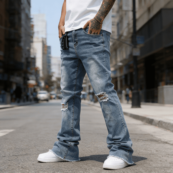 Men's Distressed Straight Leg Stretch Jeans: Relaxed Fit Denim with Ripped Details & Raw Hem | Comfort Flex Fabric, Standard Sizing