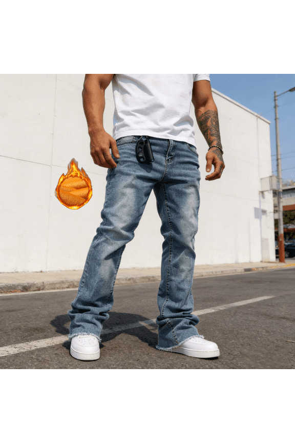 Men's Flared Straight Leg Fleece-Lined Jeans | Light Wash Denim | 4-Way Flex | Raw Hem | Standard Size | Warm Winter Stretch Jeans | Trendy Casual Denim Pants for Men