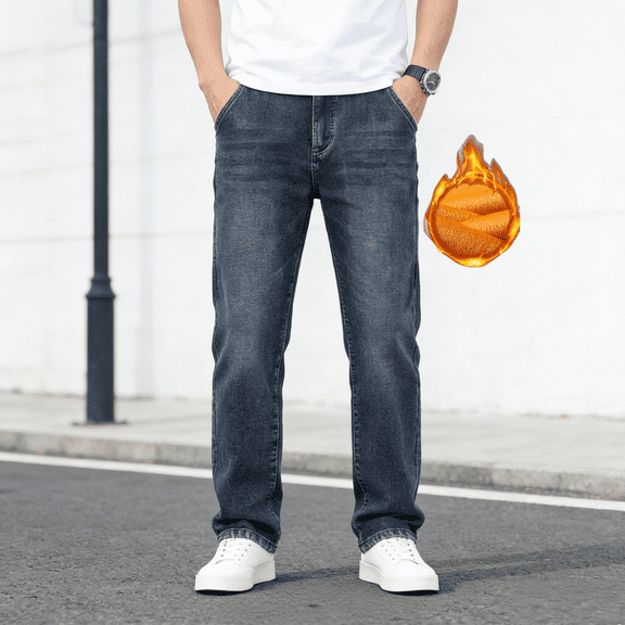 Men's Straight Leg Fleece-Lined Stretch Jeans | Dark Wash Denim | 4-Way Flex | Standard Size | Warm Winter Jeans | Trendy Casual Denim Pants for Men