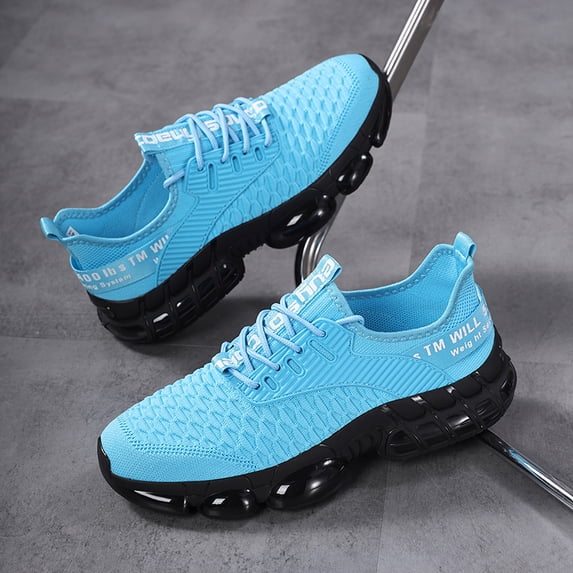 Men's Light Blue Knit Running Sneakers, Lace Up Breathable Mesh Cushion Shock Absorbing Athletic Sports Shoes