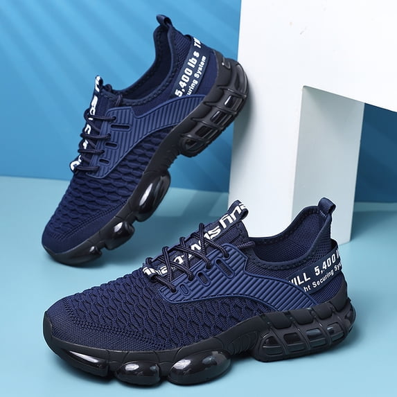 Men's Light Blue Knit Running Sneakers, Lace Up Breathable Mesh Cushion Shock Absorbing Athletic Sports Shoes