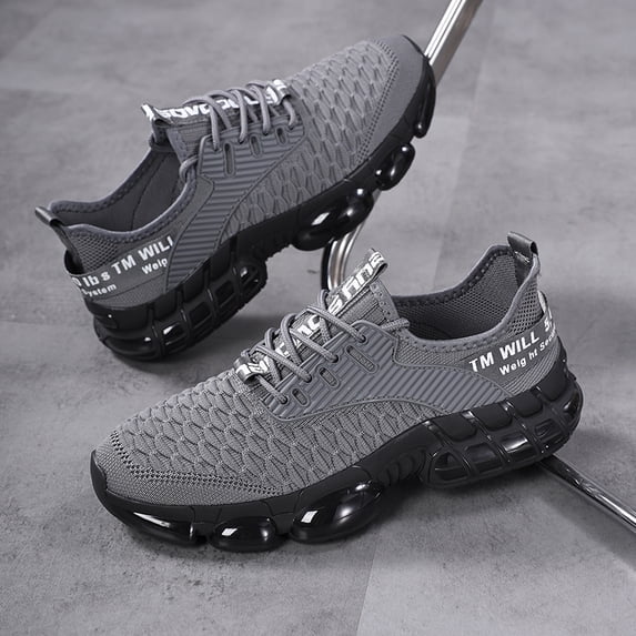 Men's Light Blue Knit Running Sneakers, Lace Up Breathable Mesh Cushion Shock Absorbing Athletic Sports Shoes