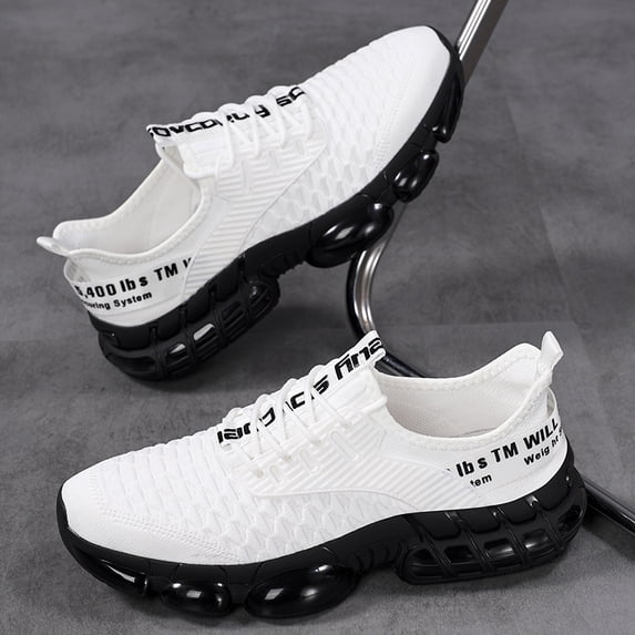 Men's Light Blue Knit Running Sneakers, Lace Up Breathable Mesh Cushion Shock Absorbing Athletic Sports Shoes