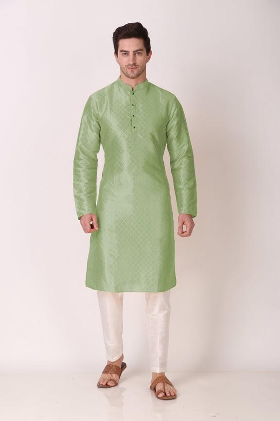 Men's Light Green Color Indian Traditional Wear Tunic Cotton Kurta Pajama Set