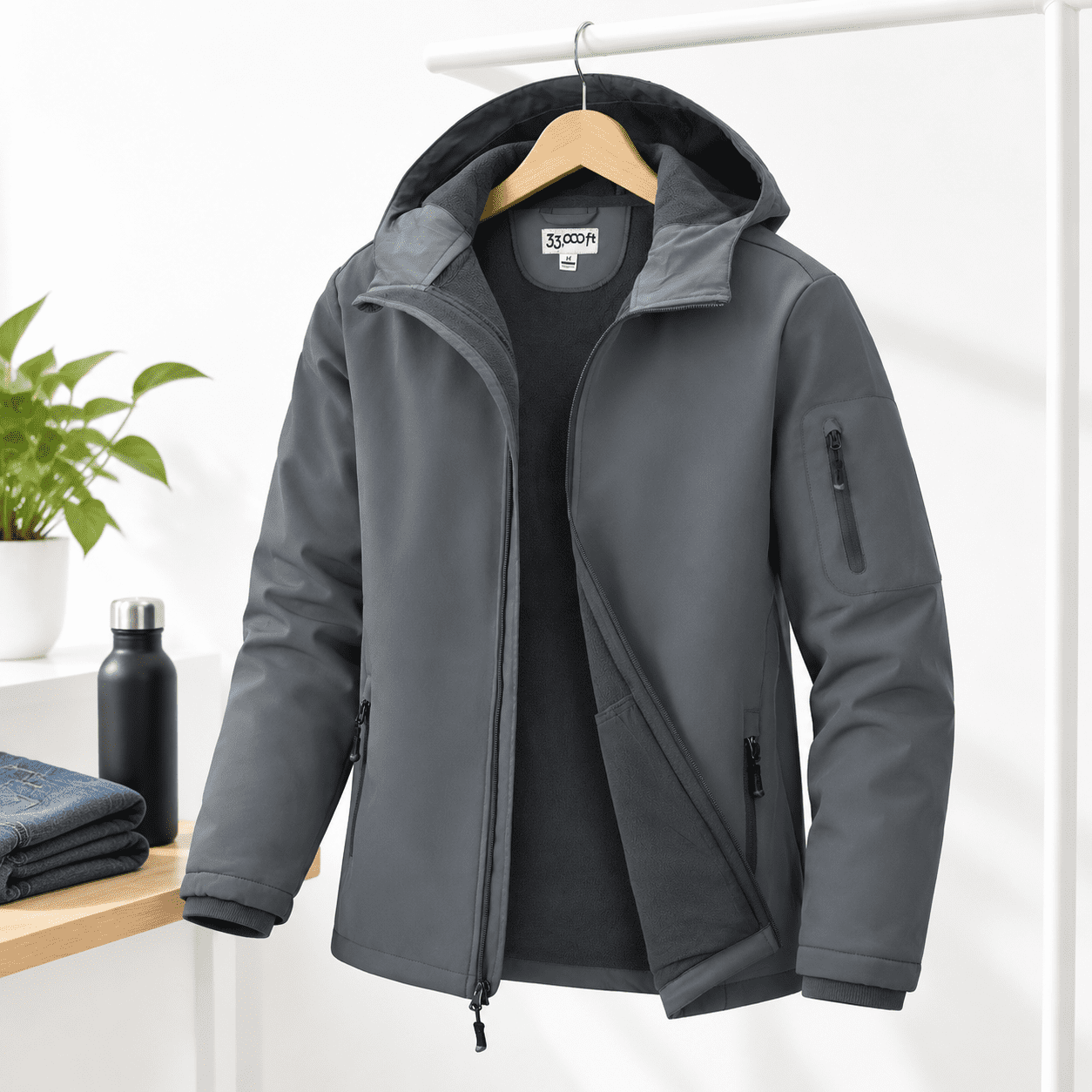 Men's Light Grey Large Hooded Fleece Lined Waterproof Lightweight Rain ...
