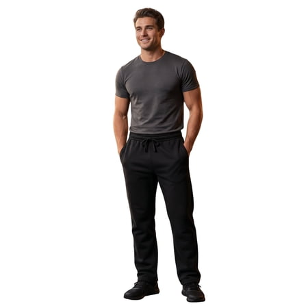 Men's Light Weight Fleece Open Bottom Sweatpants with Pockets, Black M, 1 Pack